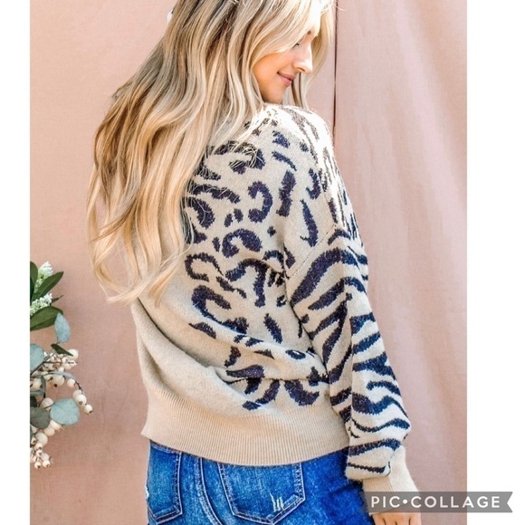 SALE!! Wild Thang! Cream Sweater w/Leopard & Zebra Print - Picture 3 of 6